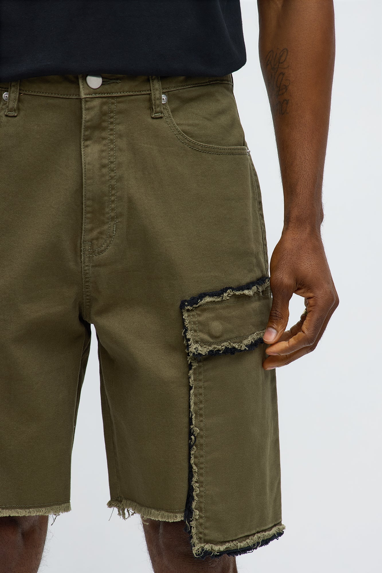 Murphy Raw Relaxed Cargo Denim Shorts - Olive