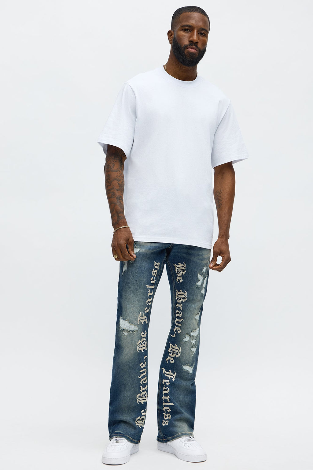 Stacked Skinny Flare Be Brave Be Fearless Embridered Jean - Dark Wash