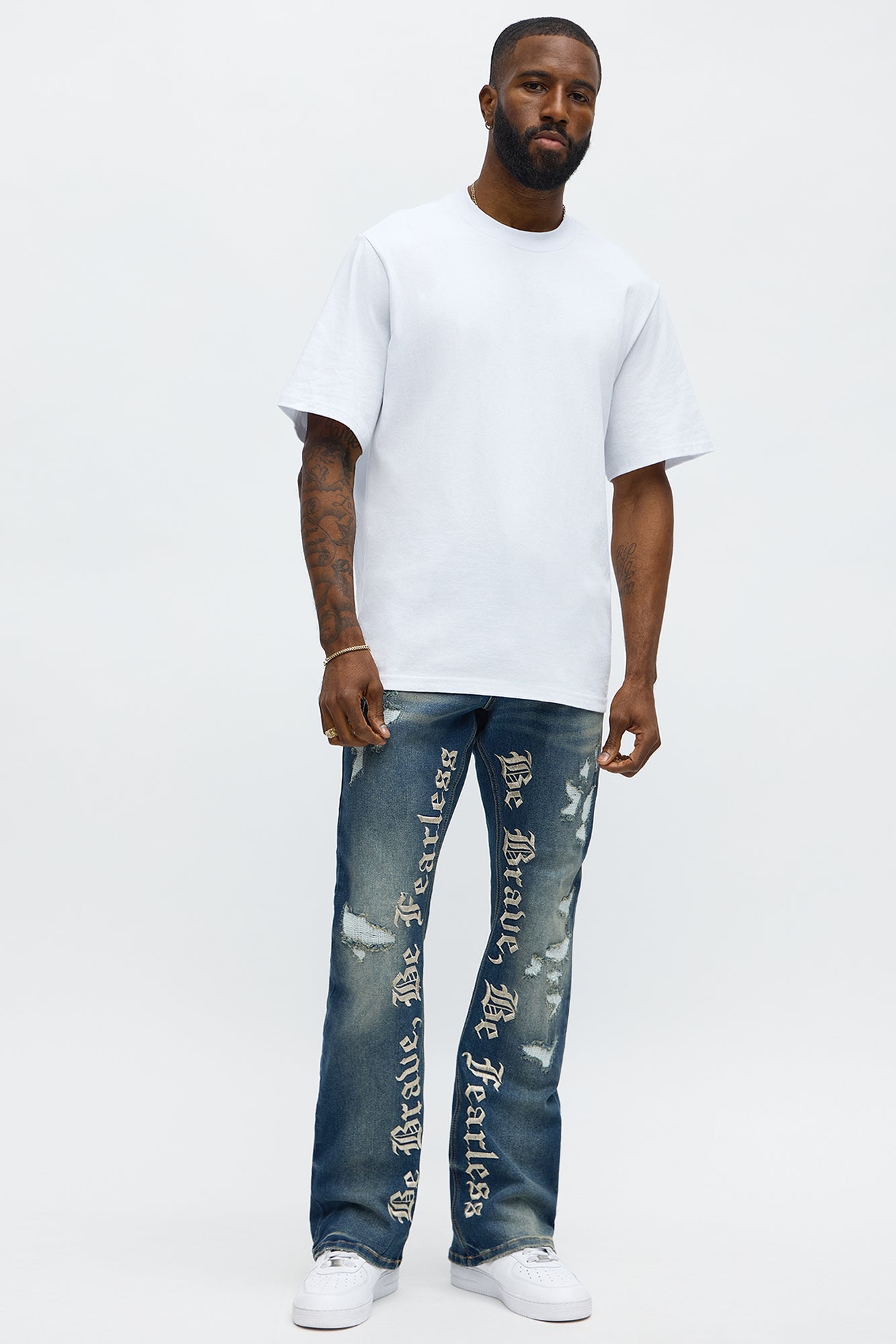 Stacked Skinny Flare Be Brave Be Fearless Embridered Jean - Dark Wash
