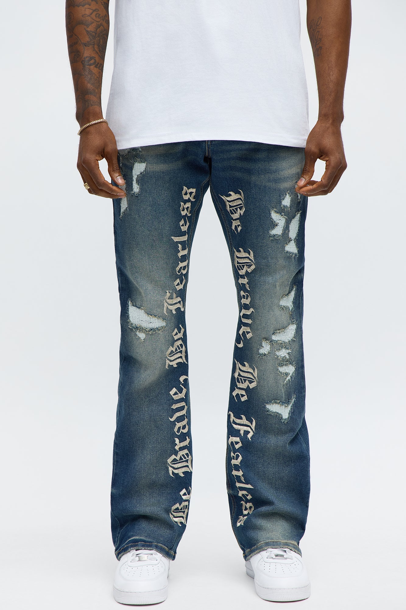 Stacked Skinny Flare Be Brave Be Fearless Embridered Jean - Dark Wash