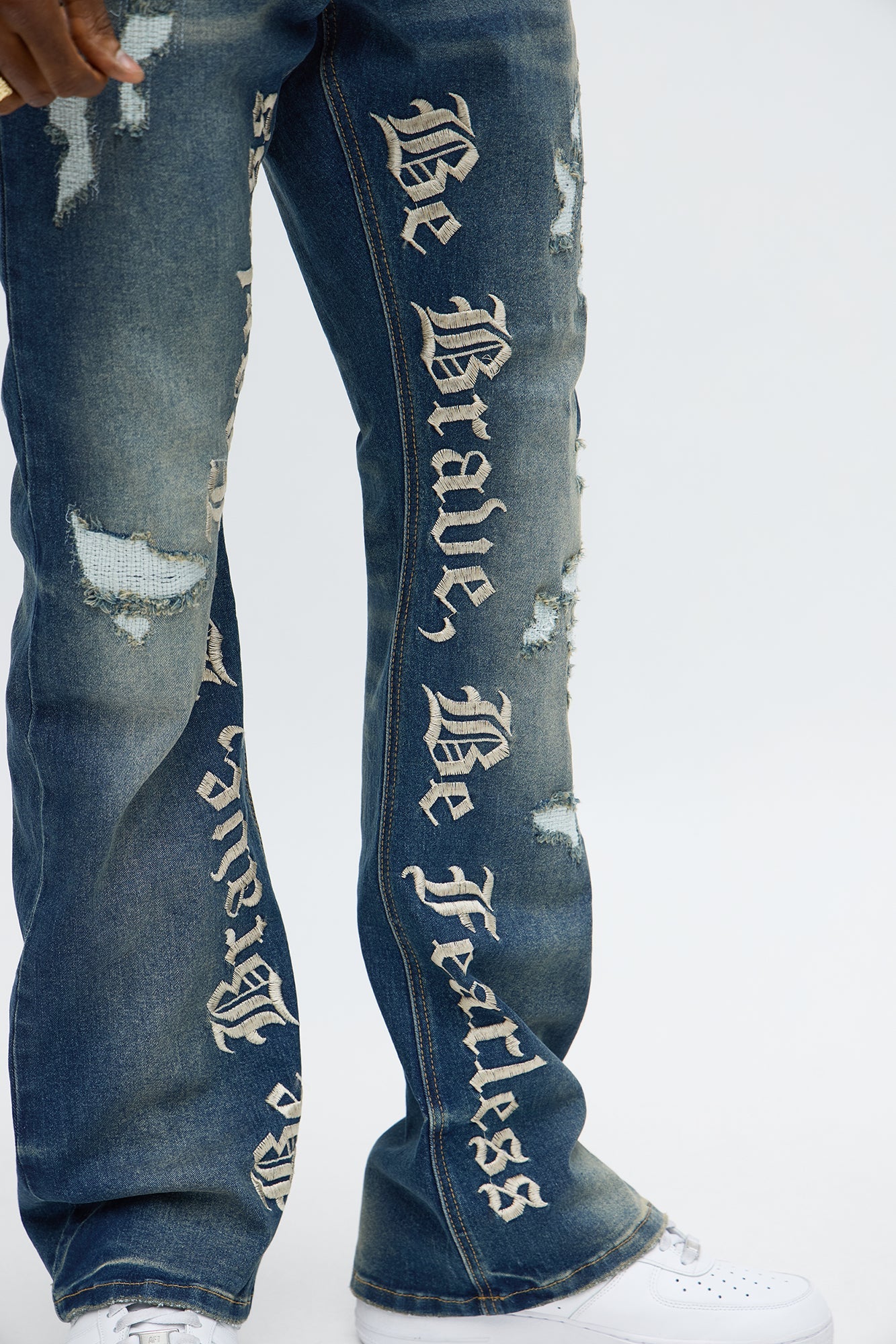Stacked Skinny Flare Be Brave Be Fearless Embridered Jean - Dark Wash