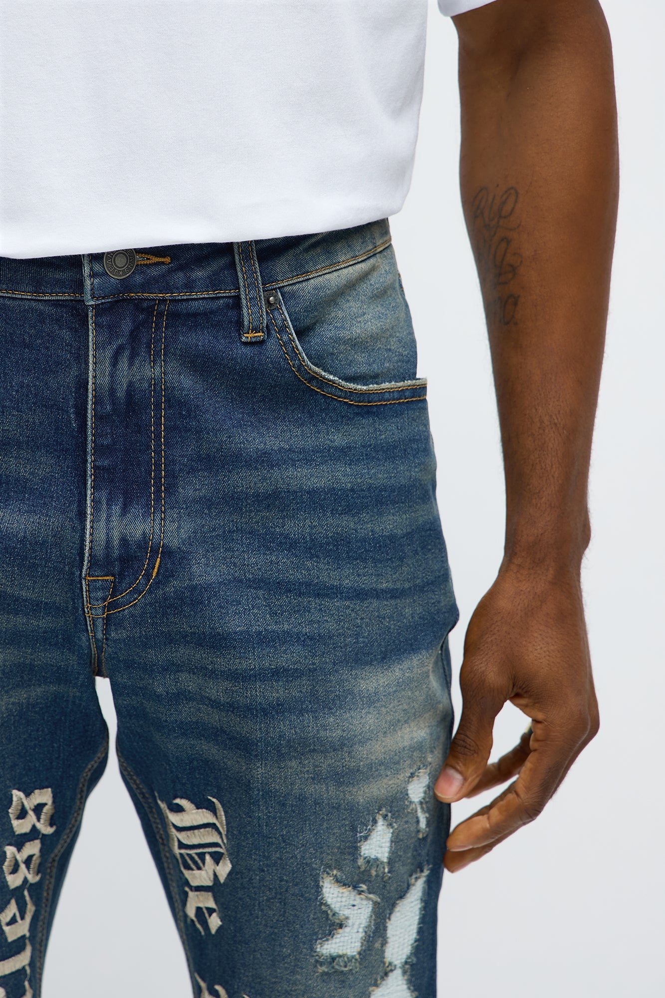 Stacked Skinny Flare Be Brave Be Fearless Embridered Jean - Dark Wash