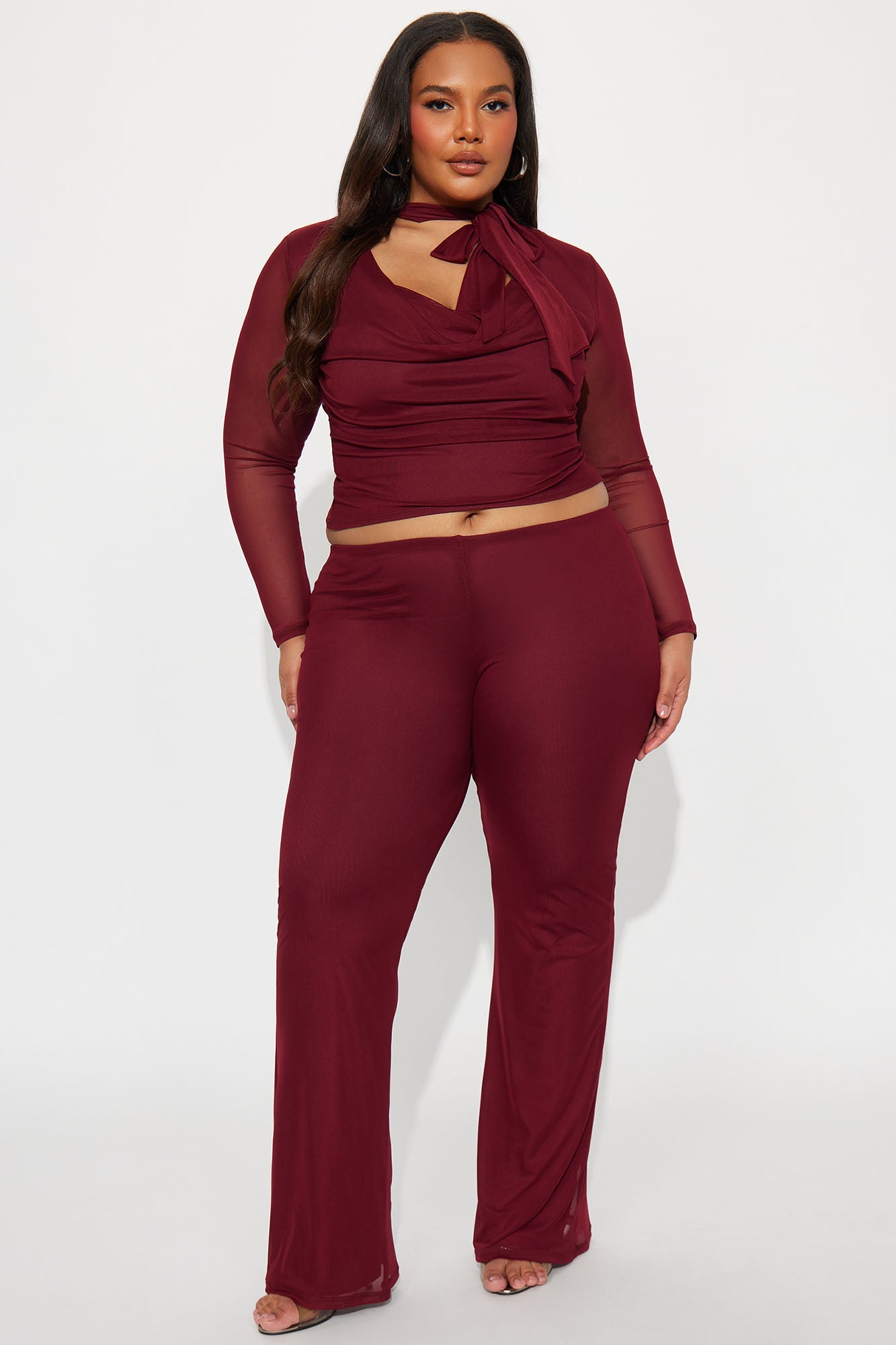 Maya Cowl Neck Scarf Top And Pant Set - Burgundy 