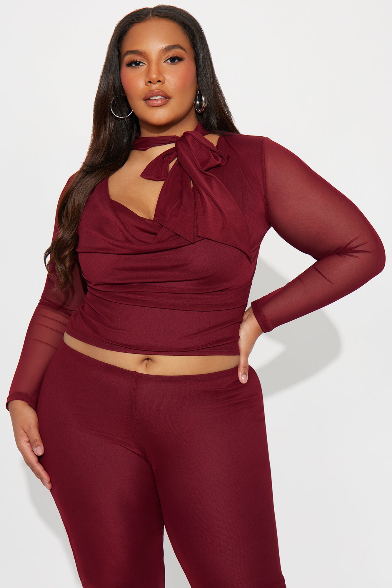 Maya Cowl Neck Scarf Top And Pant Set - Burgundy 