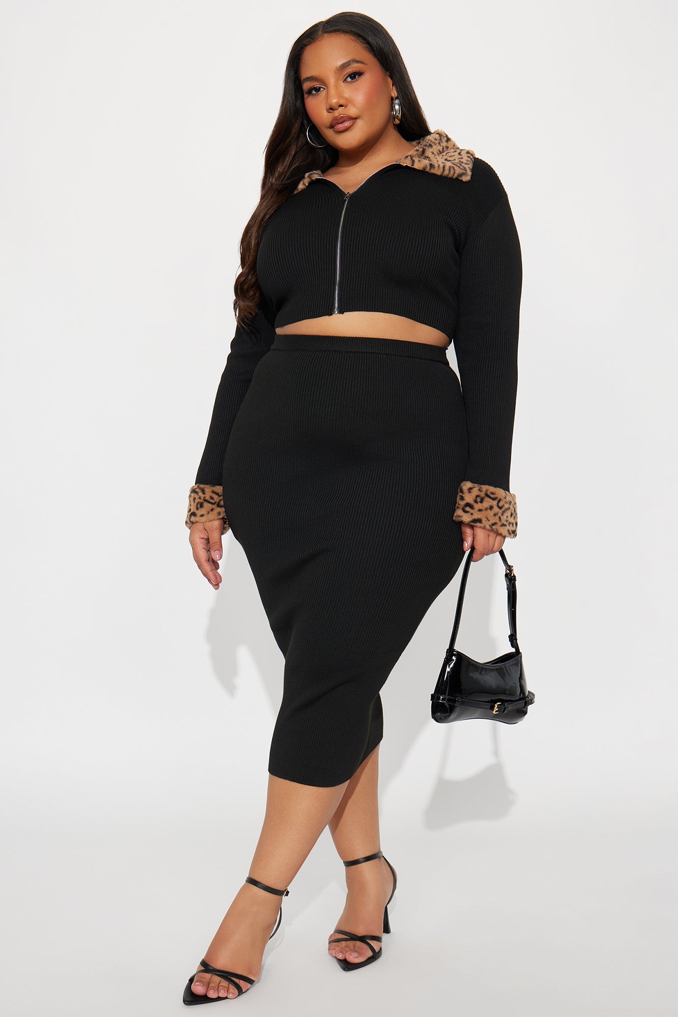 Haven Faux Fur Trim Ribbed Skirt Set - Black 