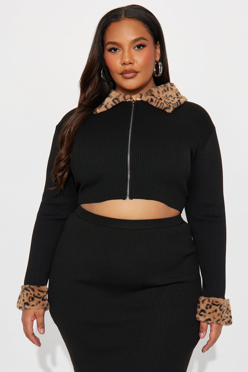 Haven Faux Fur Trim Ribbed Skirt Set - Black 