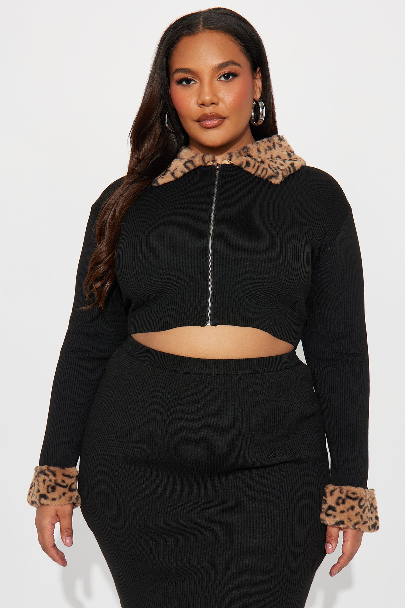 Haven Faux Fur Trim Ribbed Skirt Set - Black 