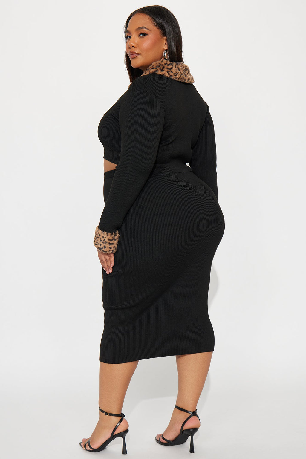 Haven Faux Fur Trim Ribbed Skirt Set - Black 
