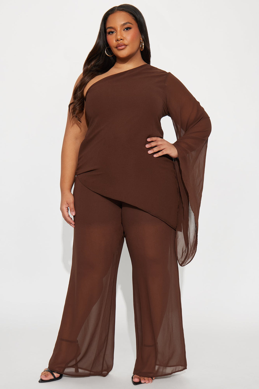 No Hard Feelings One Shoulder Chiffon Pant Set - Brown 