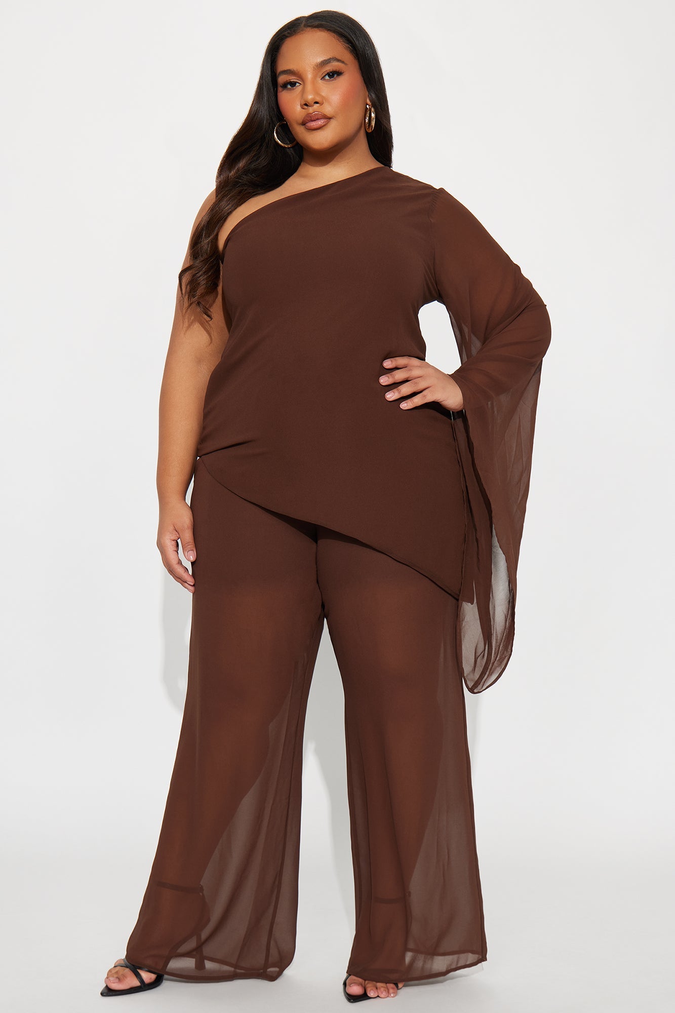 No Hard Feelings One Shoulder Chiffon Pant Set - Brown 