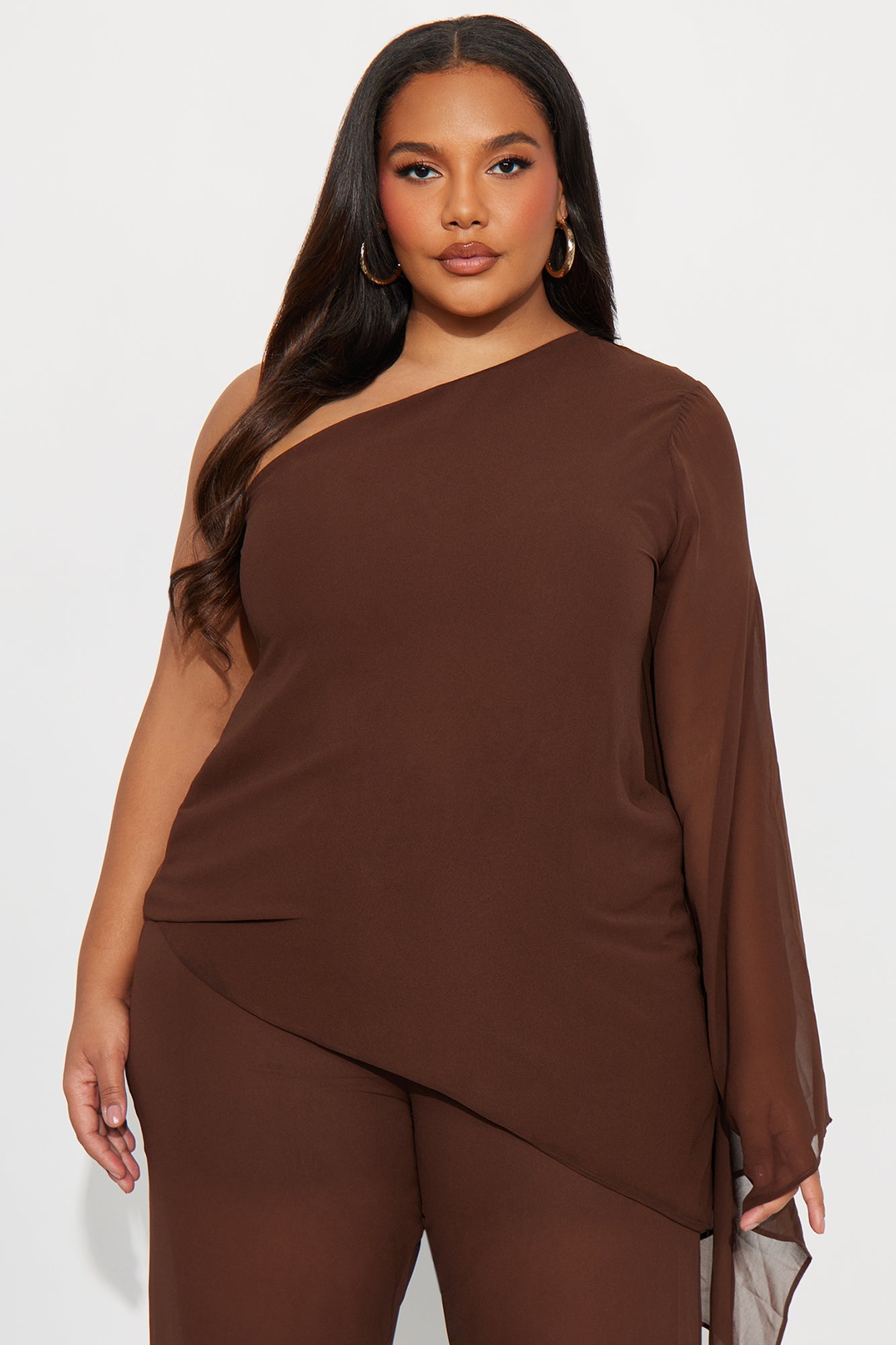 No Hard Feelings One Shoulder Chiffon Pant Set - Brown 