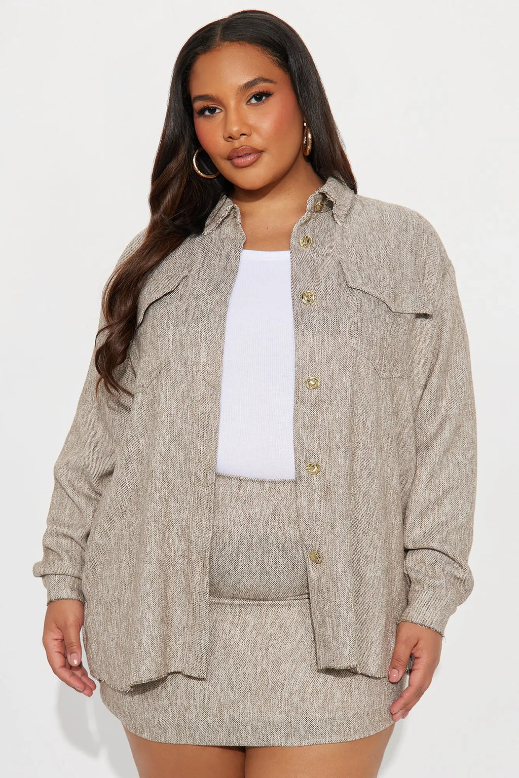 Angie Tweed Shacket And Mini Skirt Set - Brown 