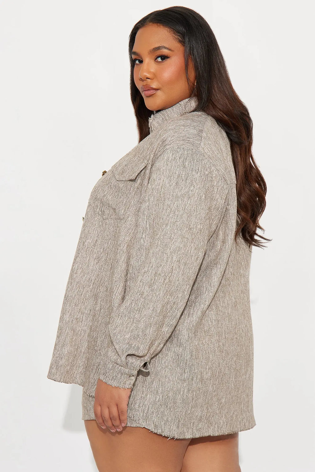 Angie Tweed Shacket And Mini Skirt Set - Brown 