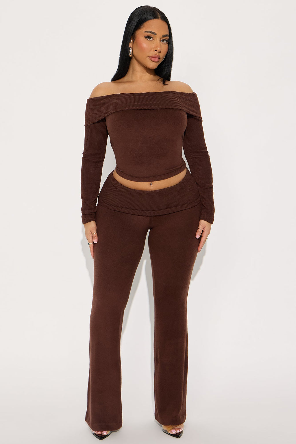 Allison Off Shoulder Pant Set - Brown 