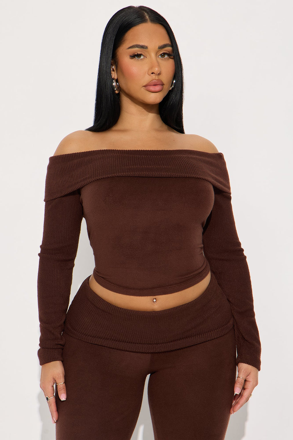 Allison Off Shoulder Pant Set - Brown 