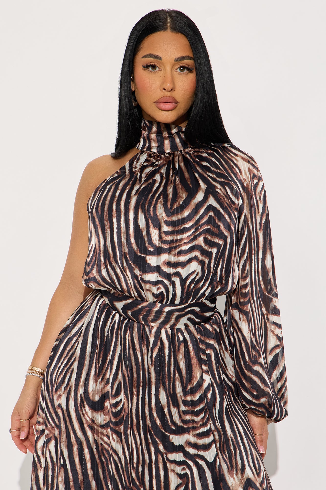 Baylee Zebra One Shoulder Maxi Dress - Brown/combo