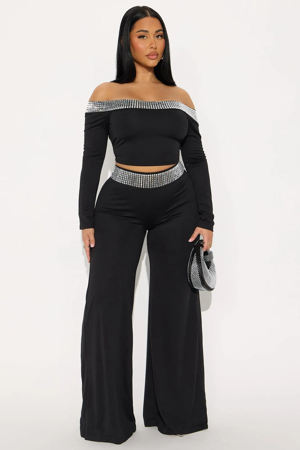 Make You Smile Rhinestone Trim Pant Set - Black 
