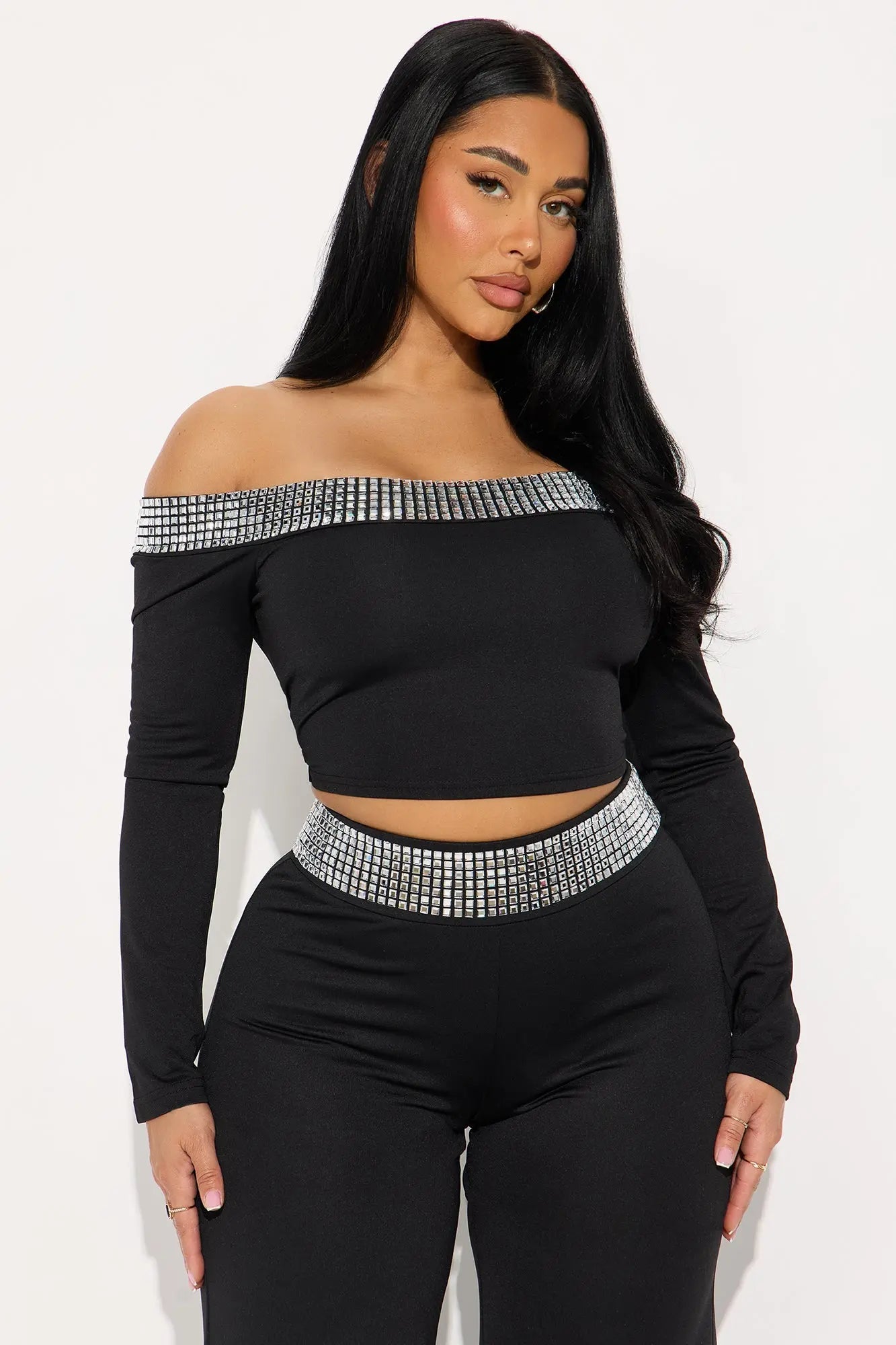 Make You Smile Rhinestone Trim Pant Set - Black 