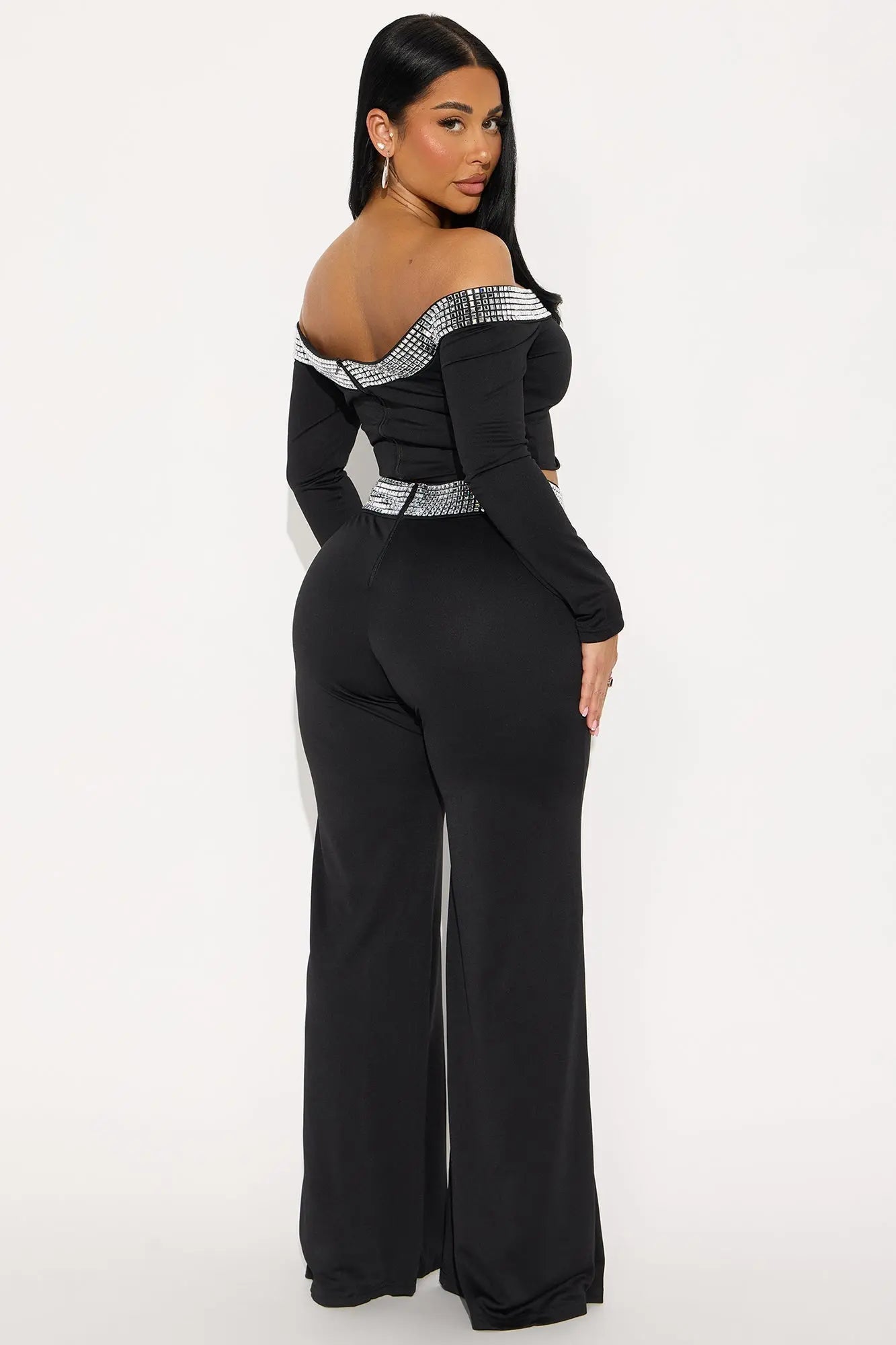 Make You Smile Rhinestone Trim Pant Set - Black 