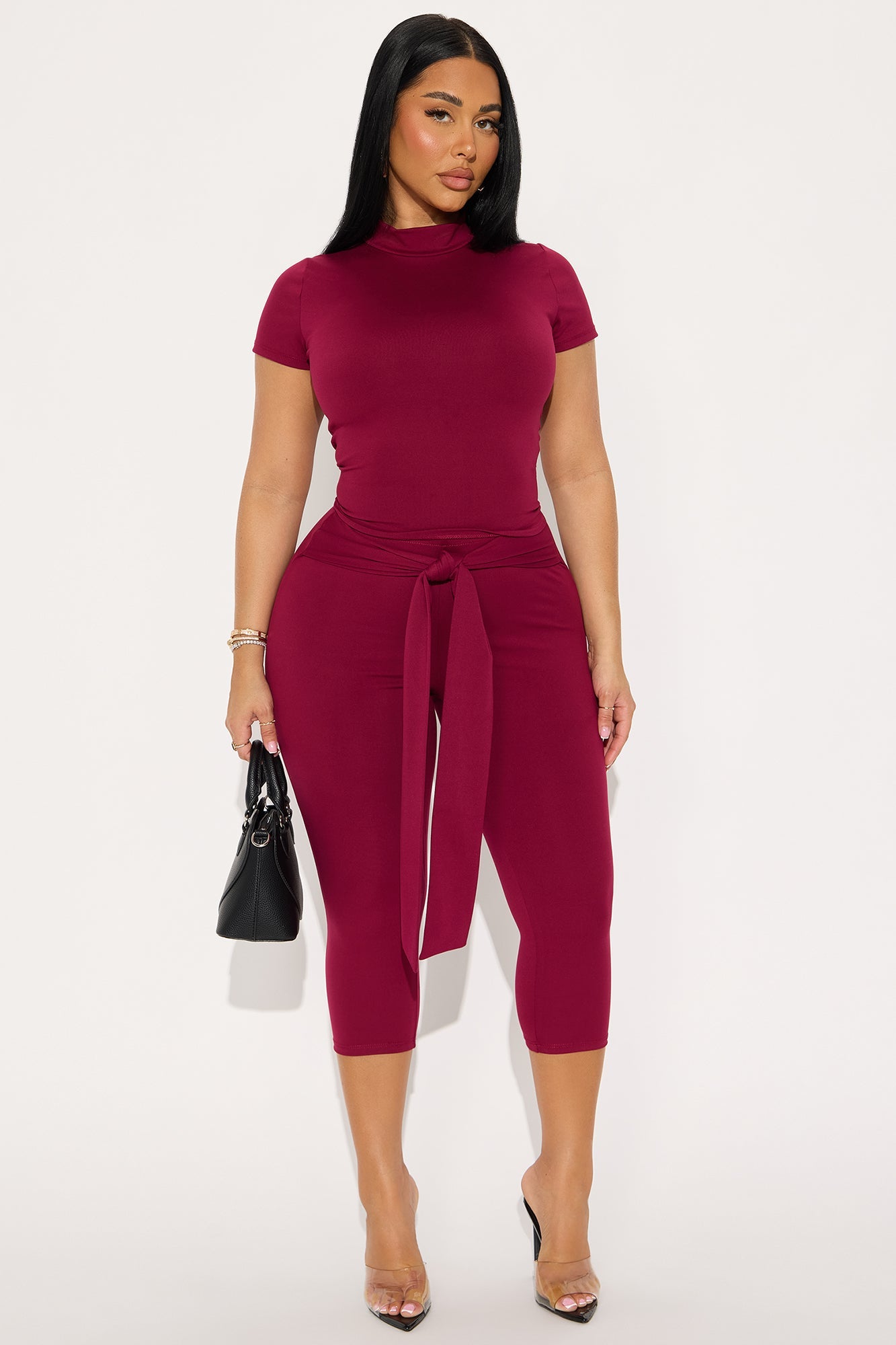 Knot Your Babe Short Sleeve Capri Set - Wine