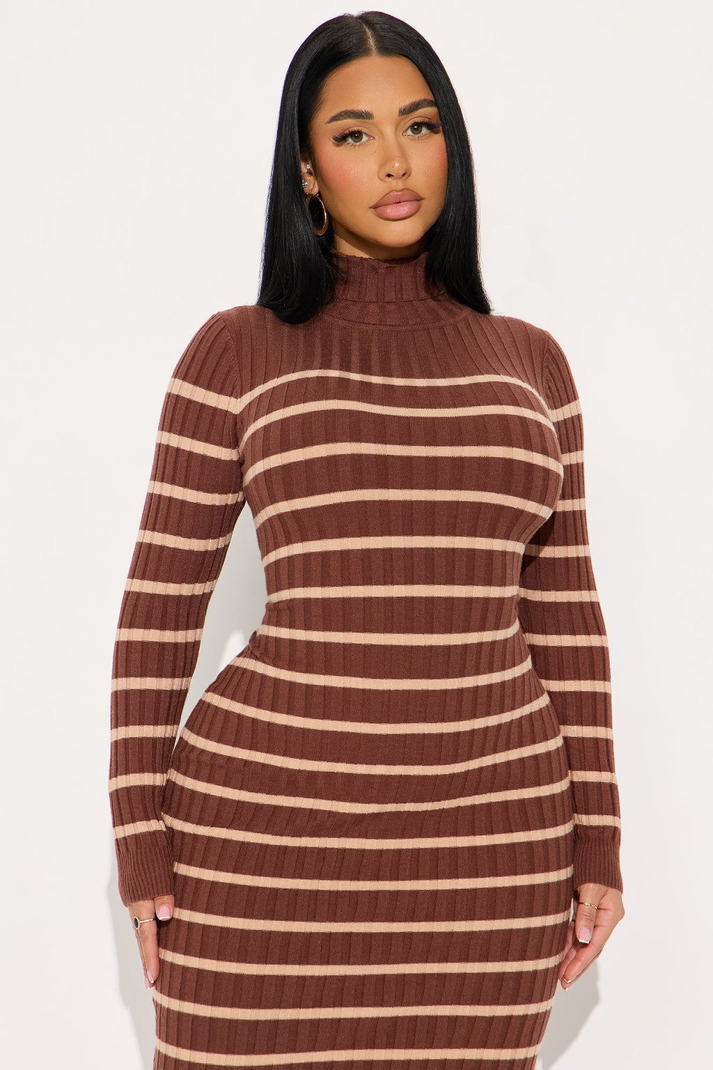 Fall In Line Striped Sweater Midi Dress - Chocolate