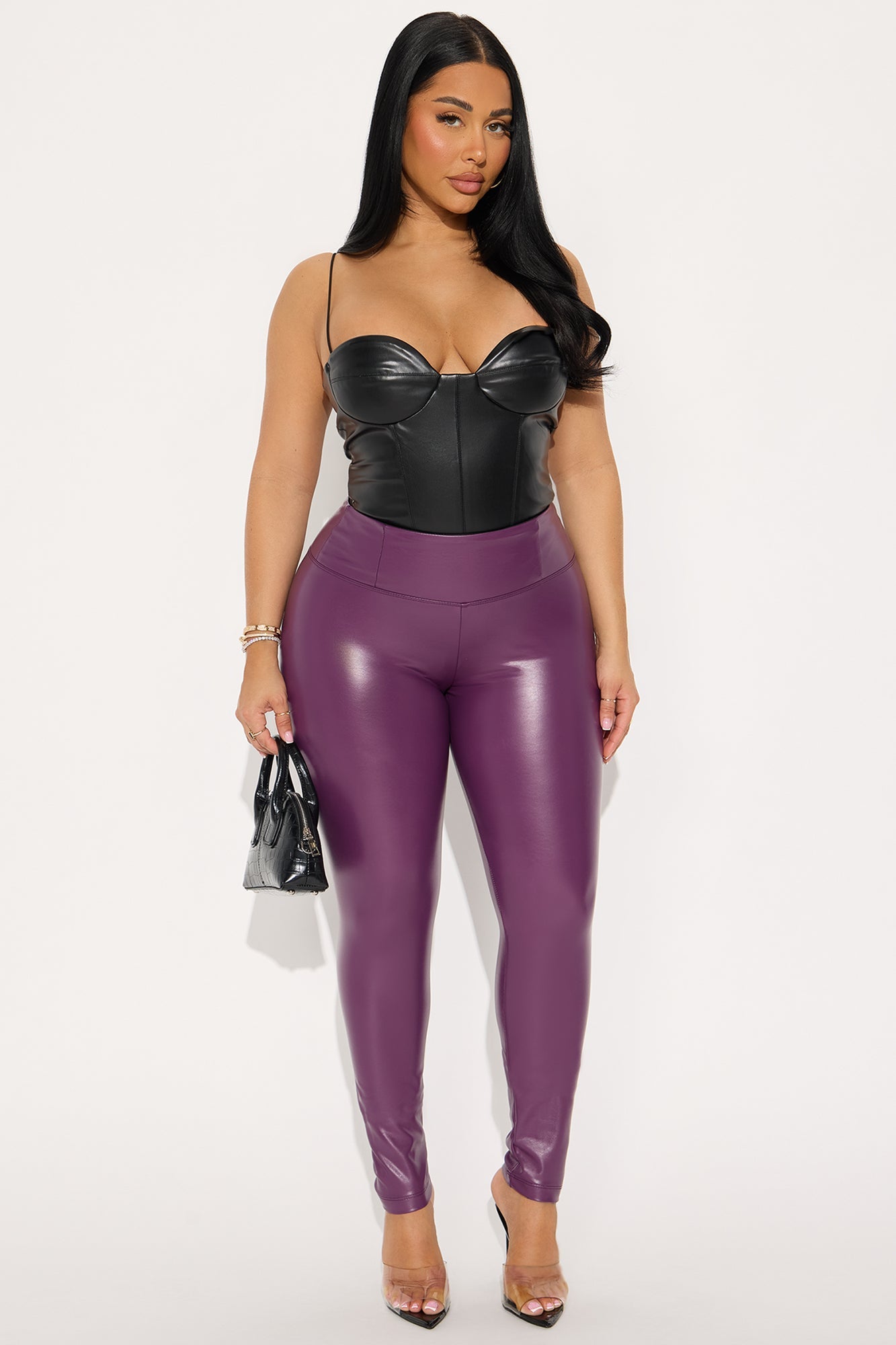 Faux Leather Tummy Tuck Leggings - Plum