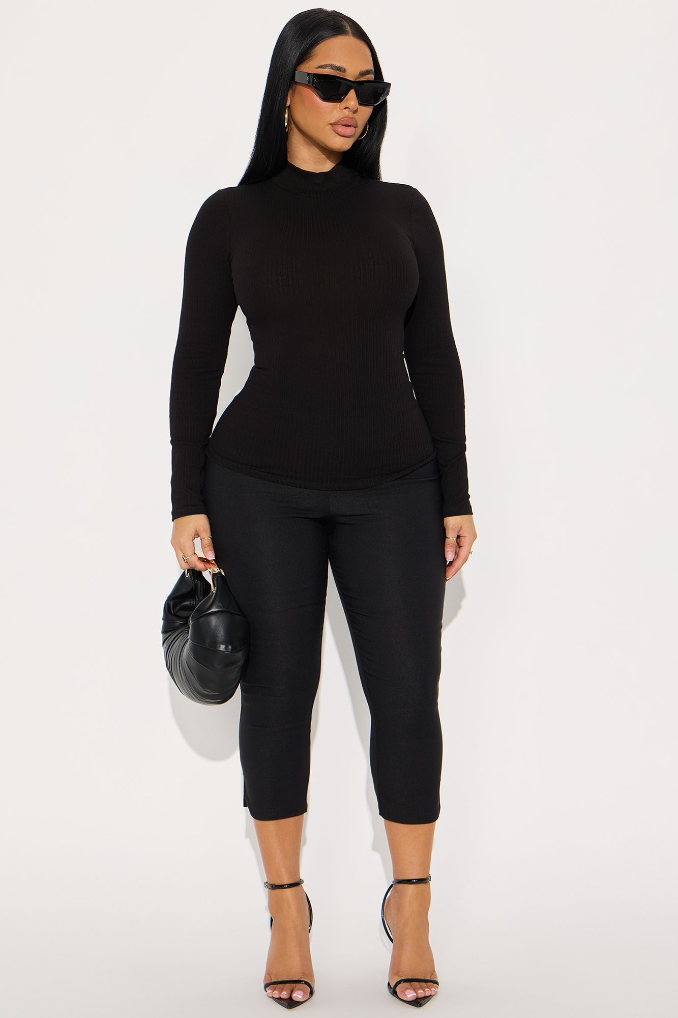 Sydney Mock Neck Ribbed Long Sleeve Top - Black