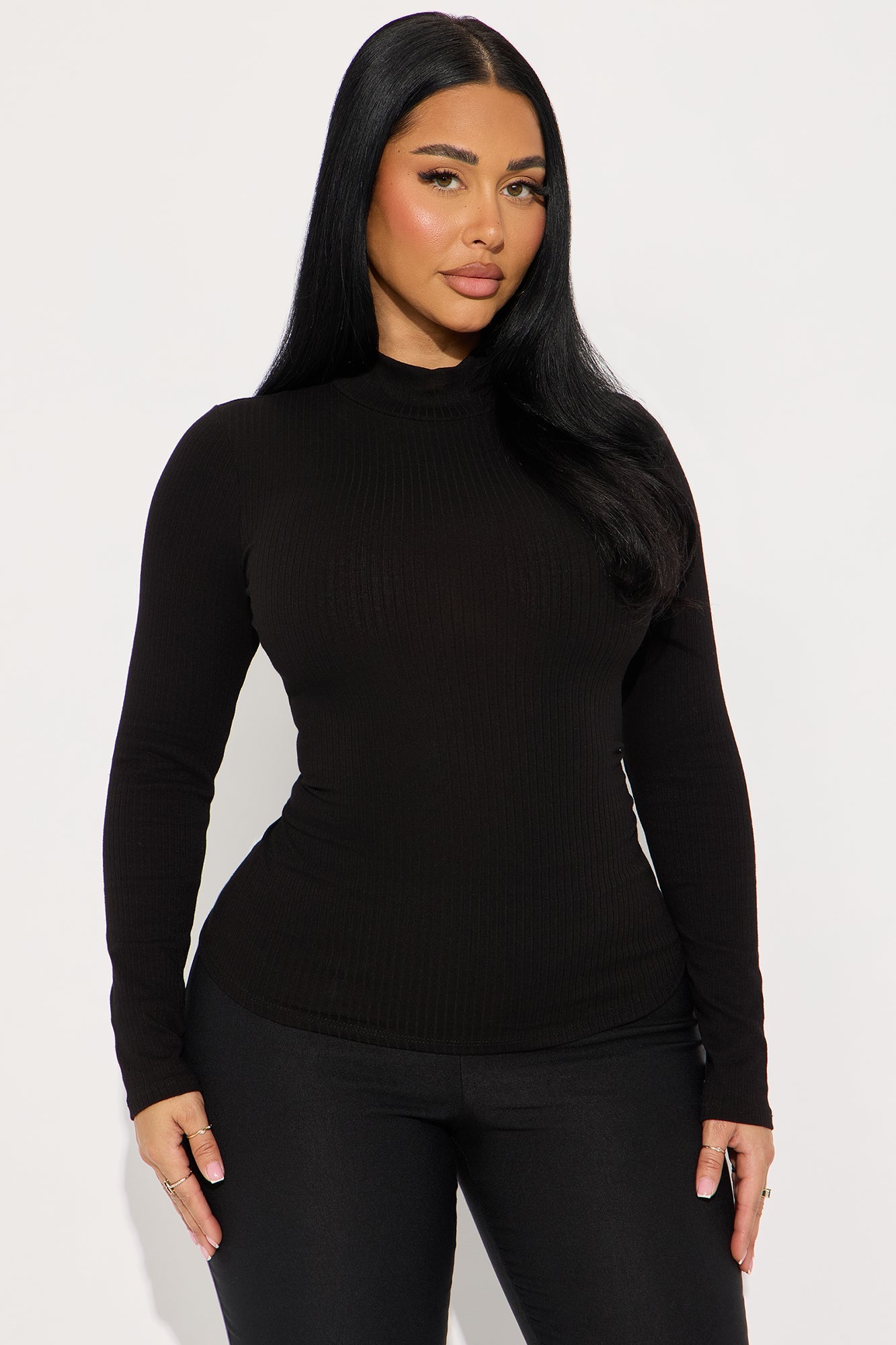 Sydney Mock Neck Ribbed Long Sleeve Top - Black