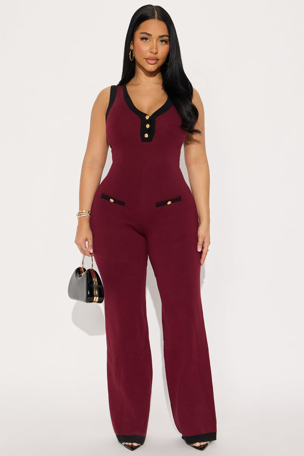 Sienna Sweater Halter Wide Leg Jumpsuit - Burgundy