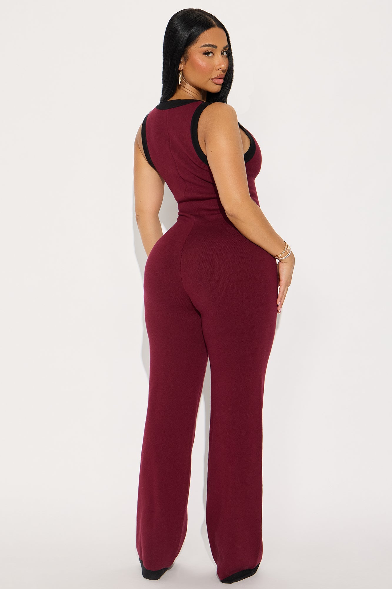 Sienna Sweater Halter Wide Leg Jumpsuit - Burgundy