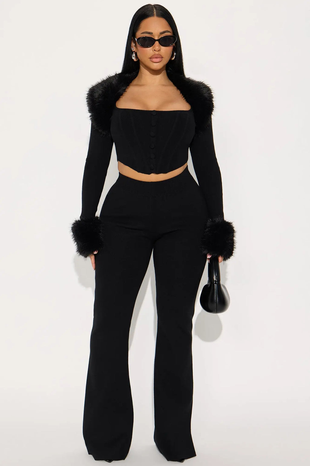 Pure Intentions Fur Trim Sweater Pant Set - Black 