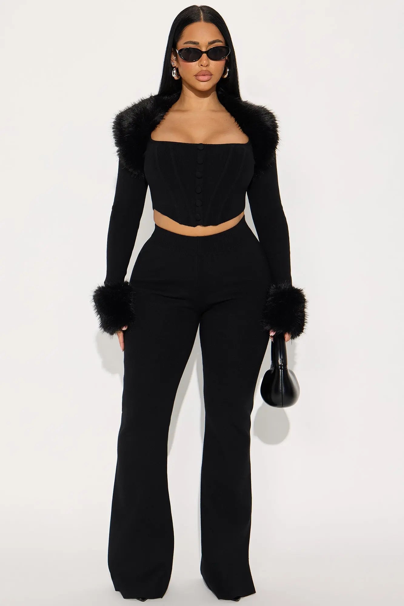 Pure Intentions Fur Trim Sweater Pant Set - Black 