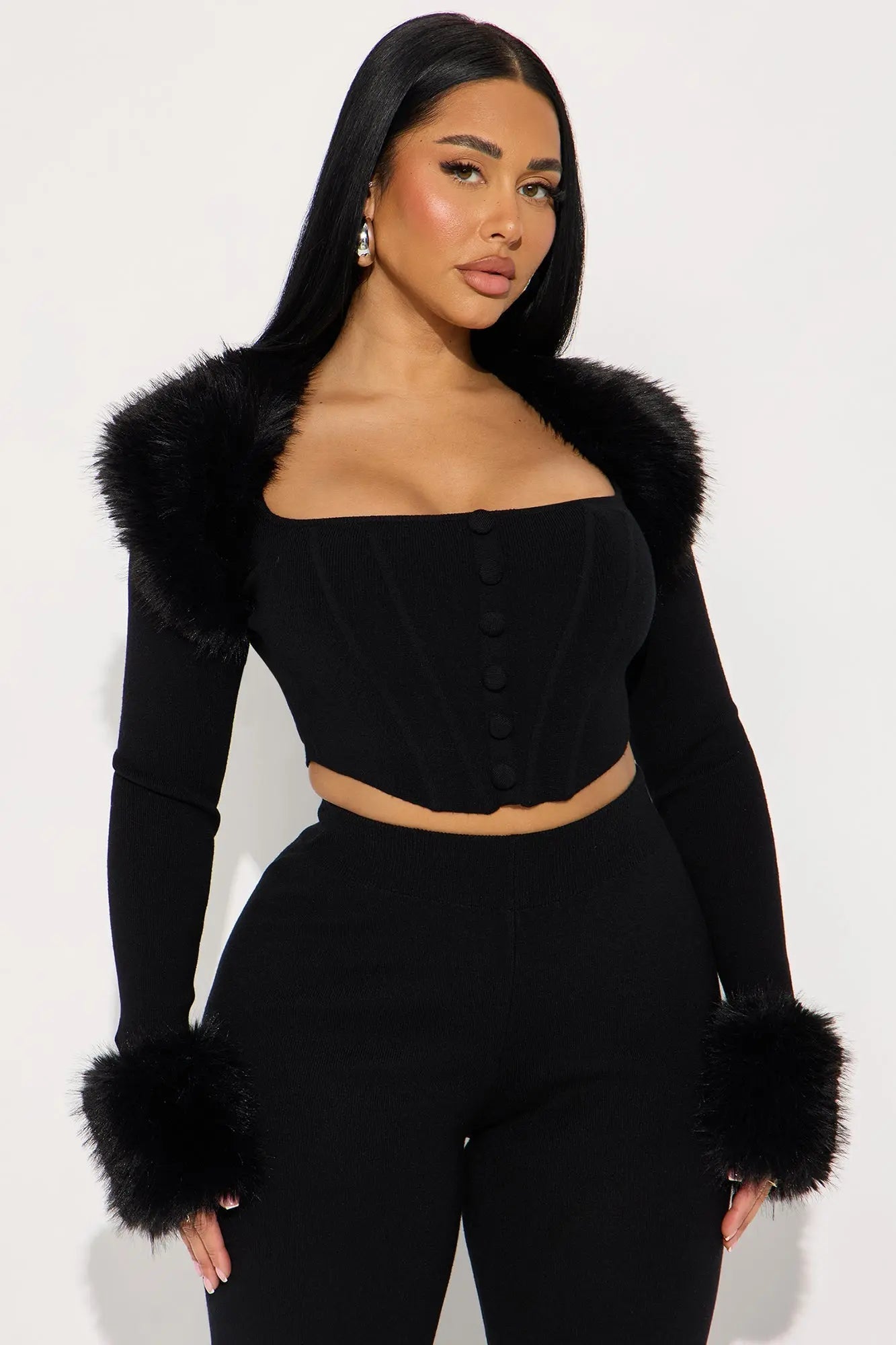 Pure Intentions Fur Trim Sweater Pant Set - Black 