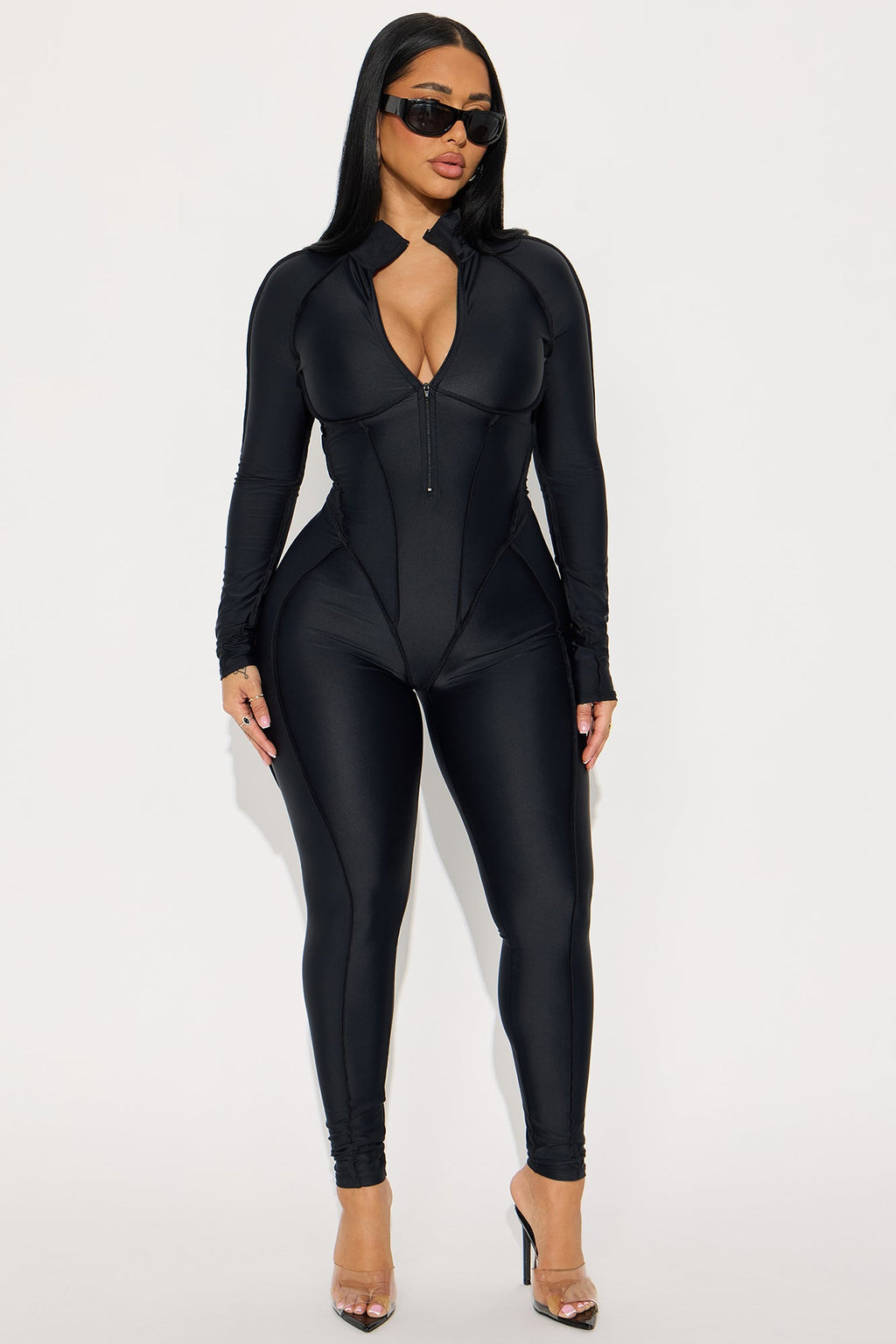 Ava Zip Up Long Sleeve Jumpsuit - Black
