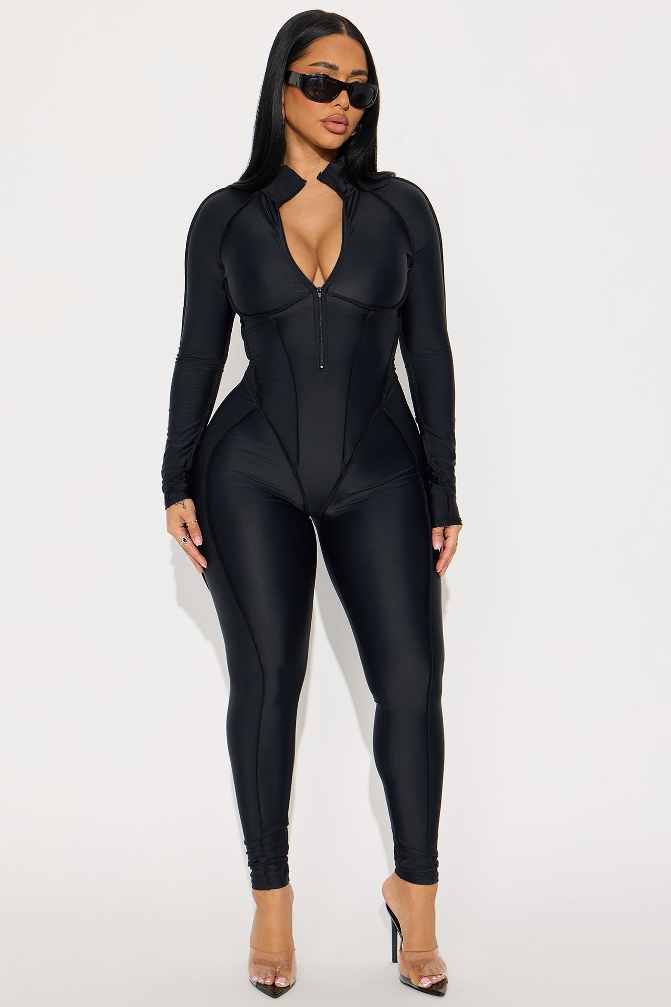Ava Zip Up Long Sleeve Jumpsuit - Black