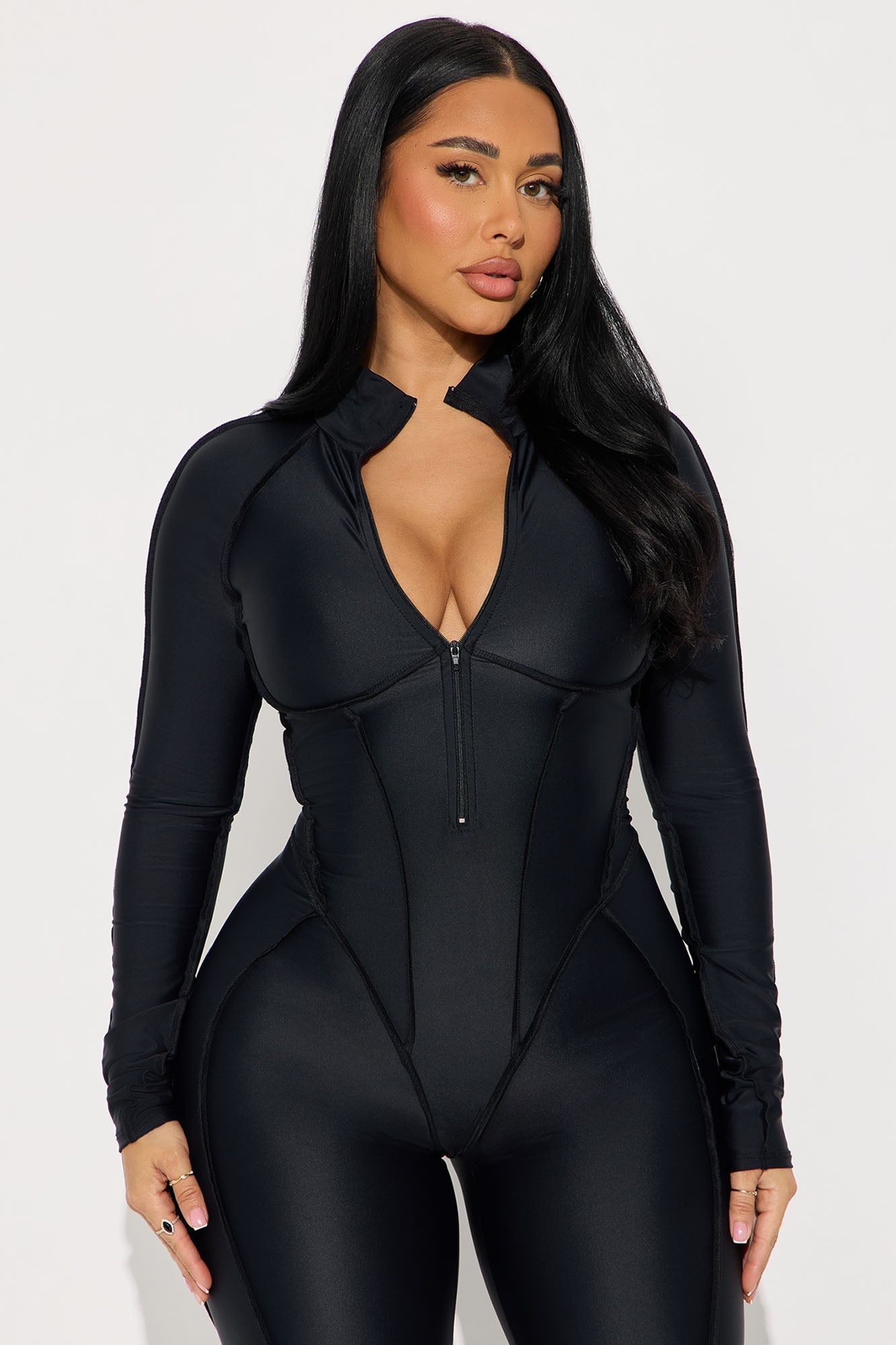 Ava Zip Up Long Sleeve Jumpsuit - Black