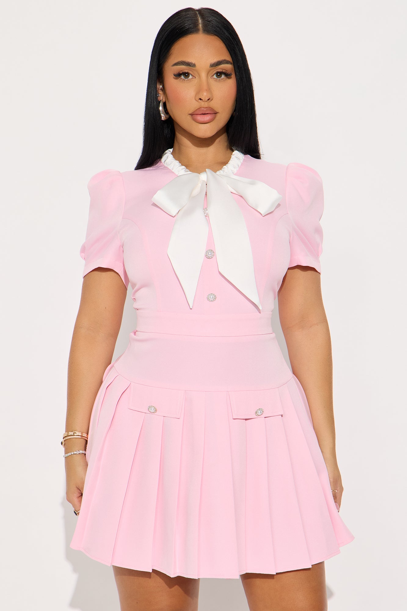 Angela Bow Pleated Mini Dress - Pink
