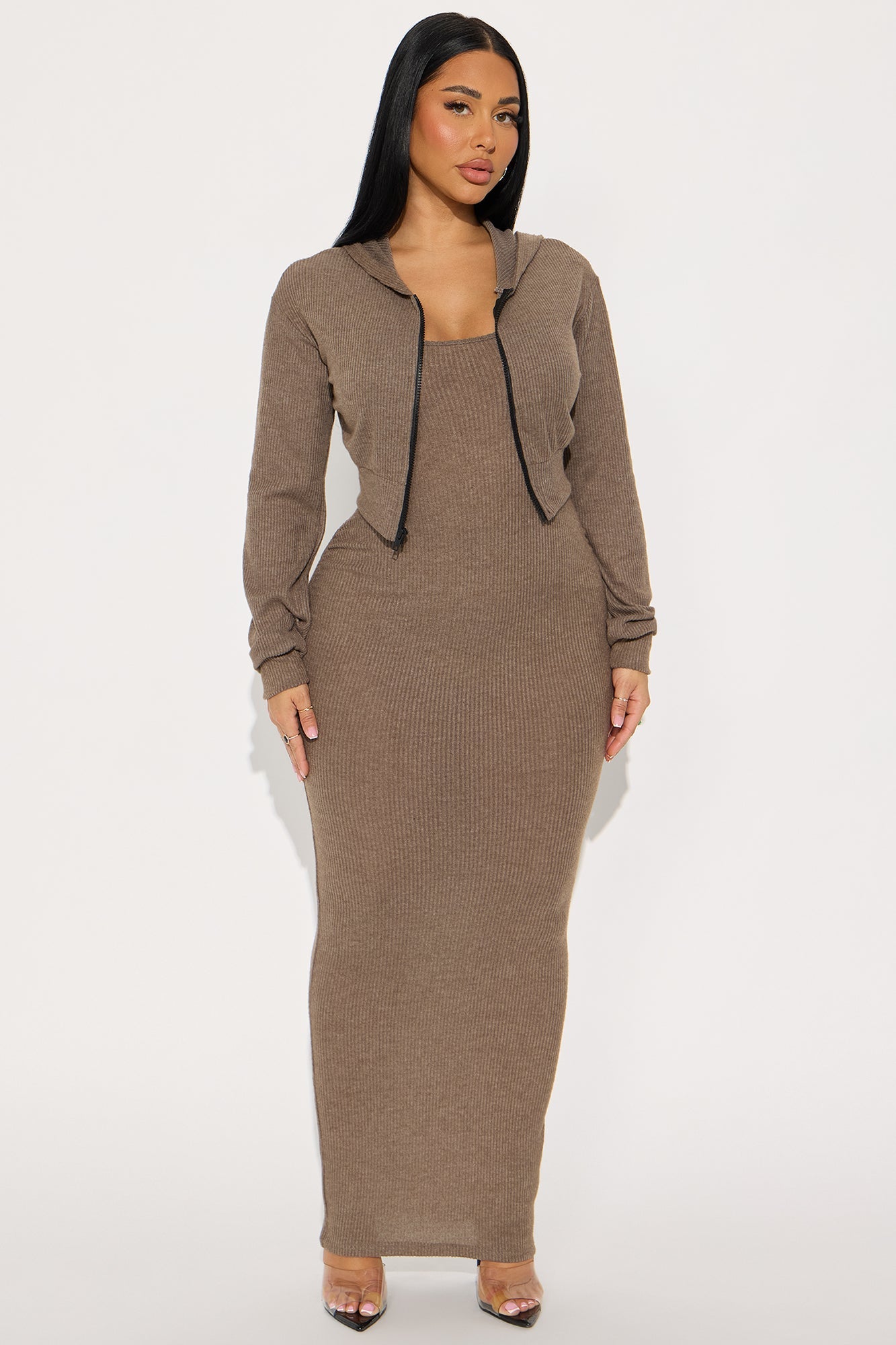 Azusa 2 Piece Zip Up Maxi Dress Set - Mocha