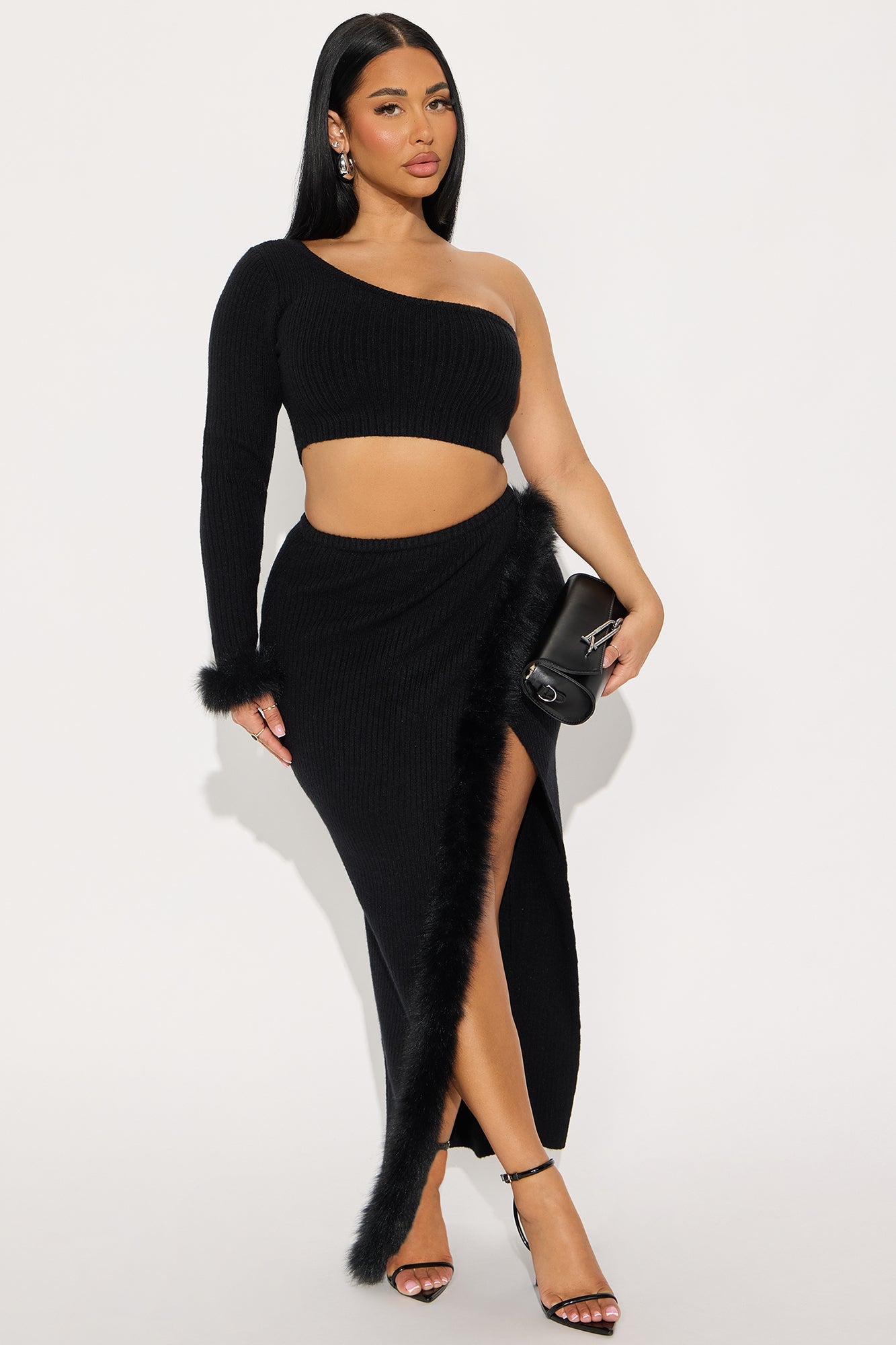 Forever Loyal Fur Trim Sweater Maxi Skirt Set - Black