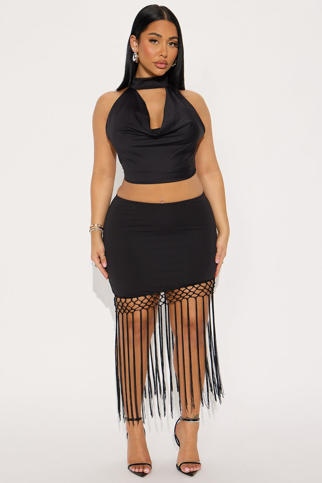 Swayed Emotions Halter Fringe Skirt Set - Black 