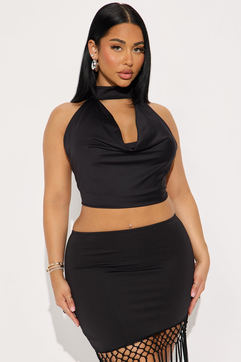 Swayed Emotions Halter Fringe Skirt Set - Black 