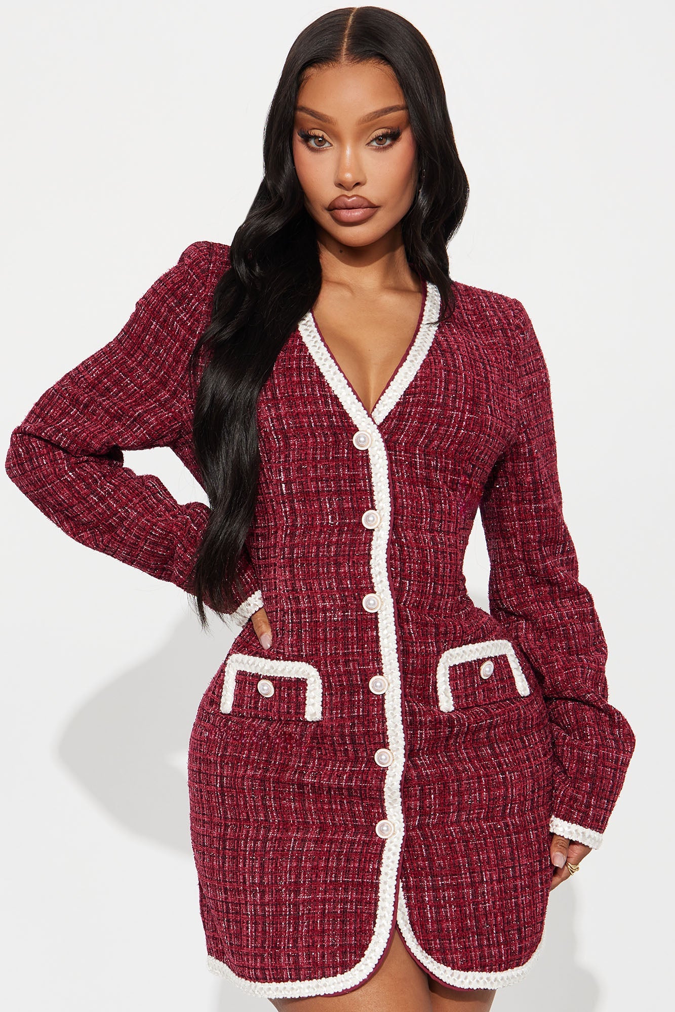 Clemence Tweed Mini Dress - Wine/combo