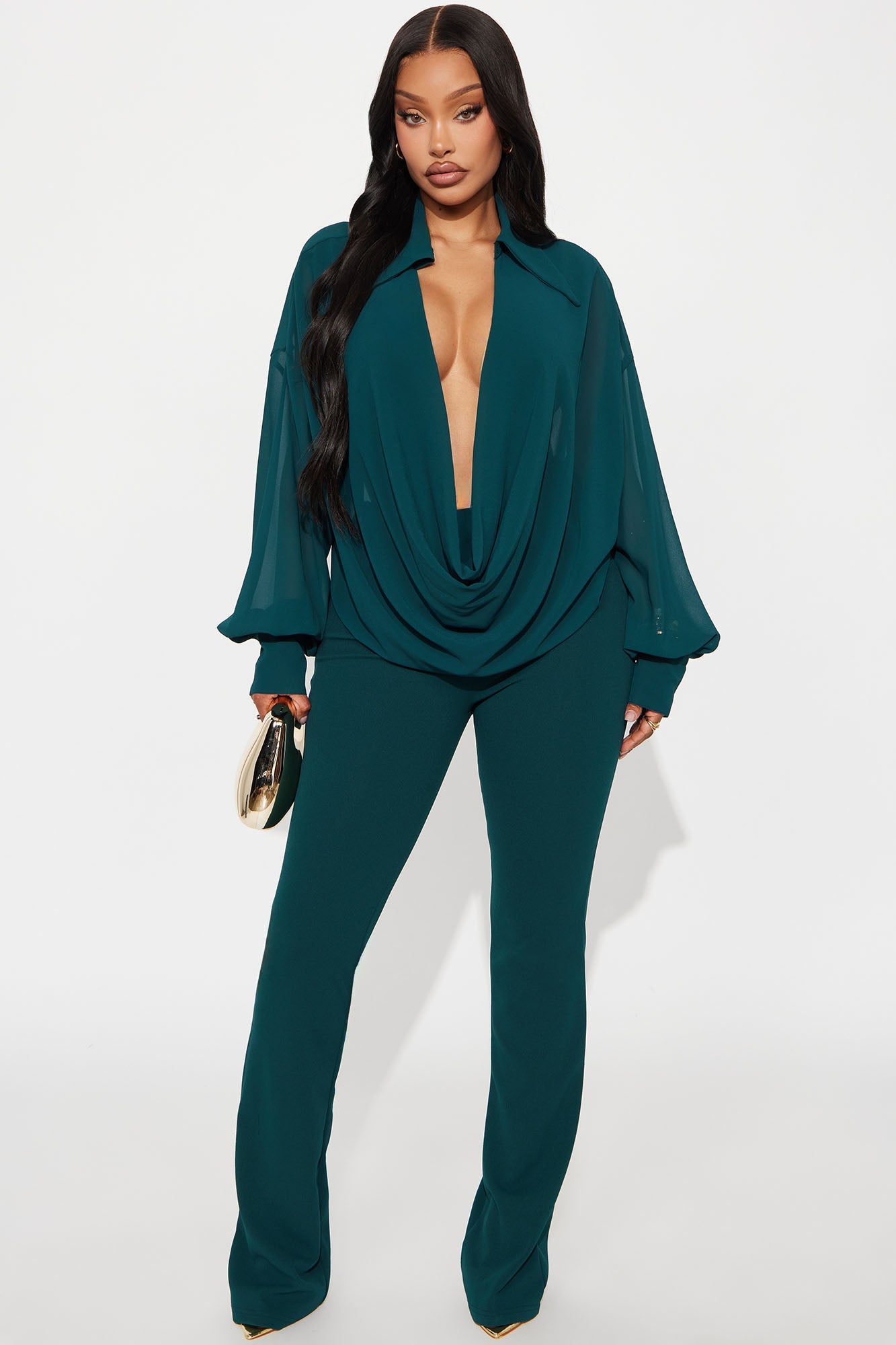 Flora Belle Chiffon Cowl Neck Jumpsuit - Hunter