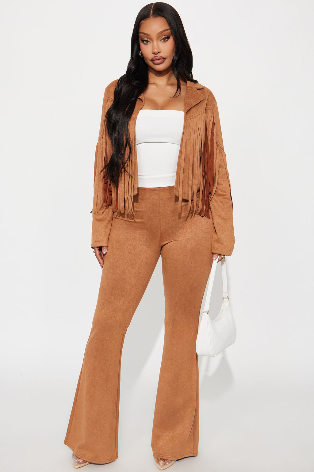 Lorene Faux Suede Flare Pant Set - Brown