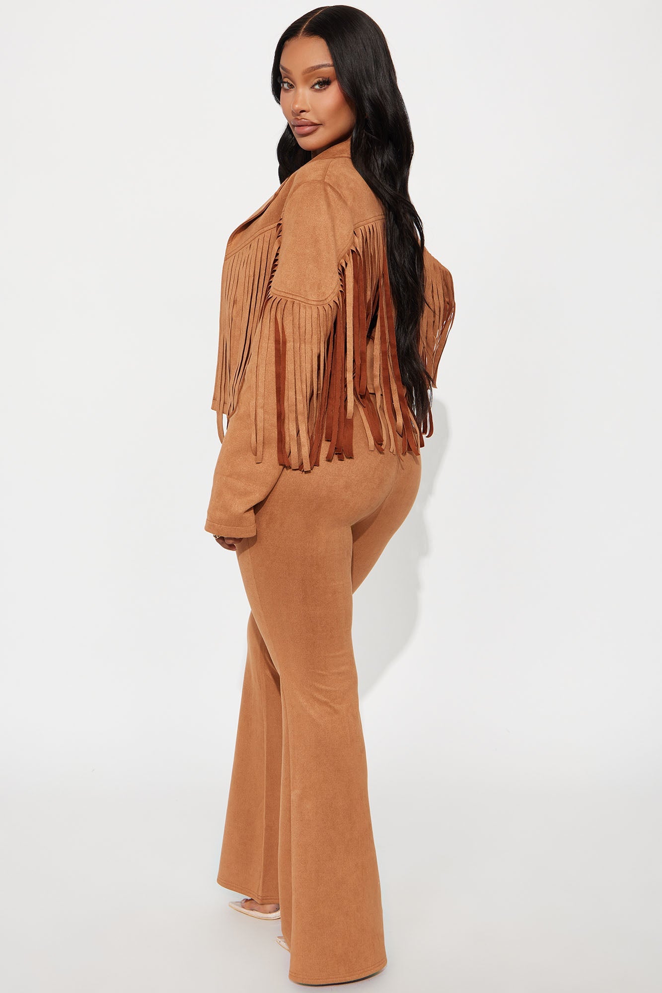 Lorene Faux Suede Flare Pant Set - Brown