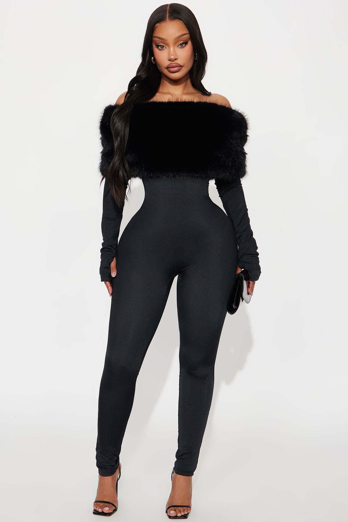 Royal Affair Faux Fur Skinny Jumpsuit - Black