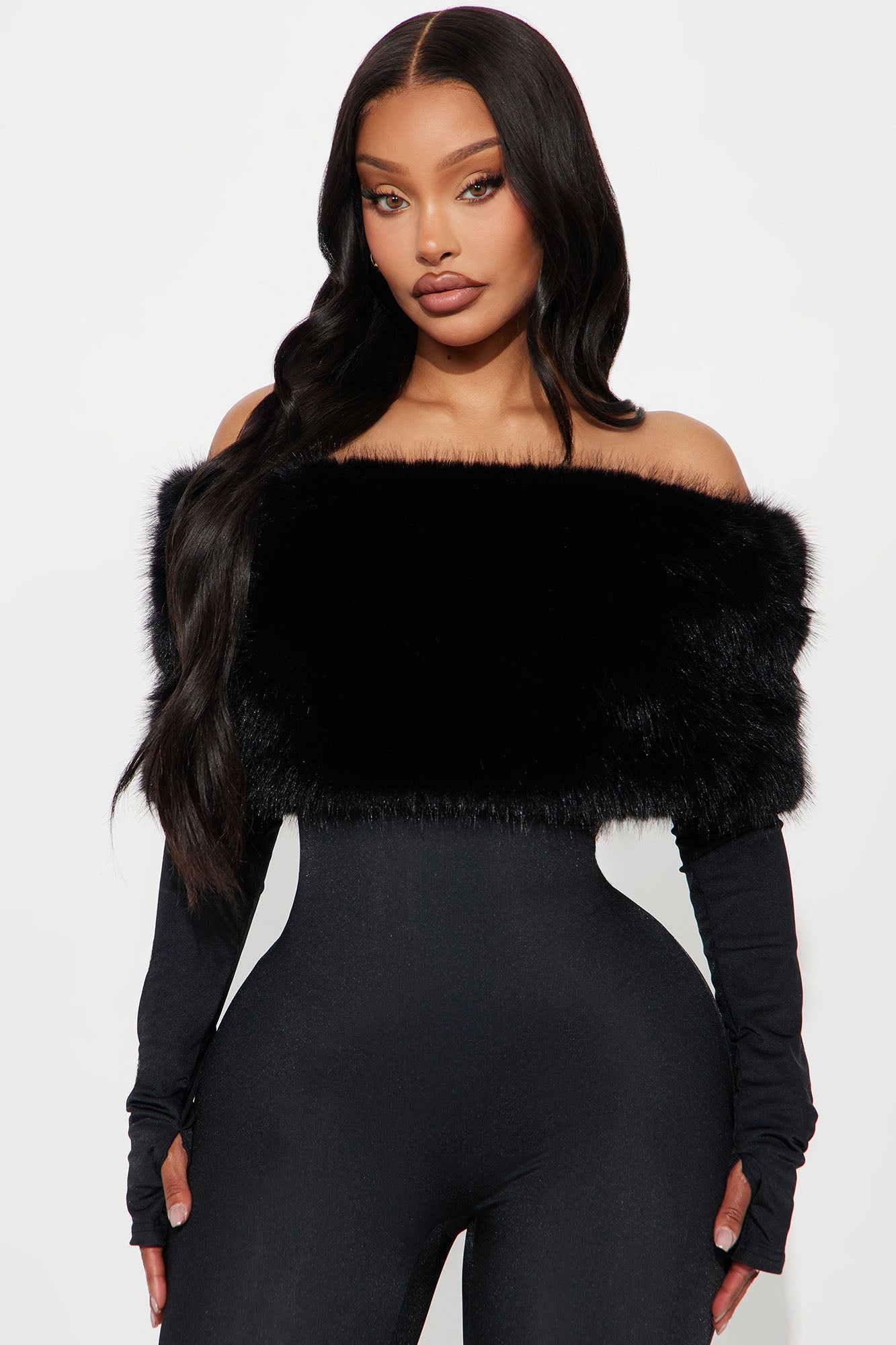 Royal Affair Faux Fur Skinny Jumpsuit - Black
