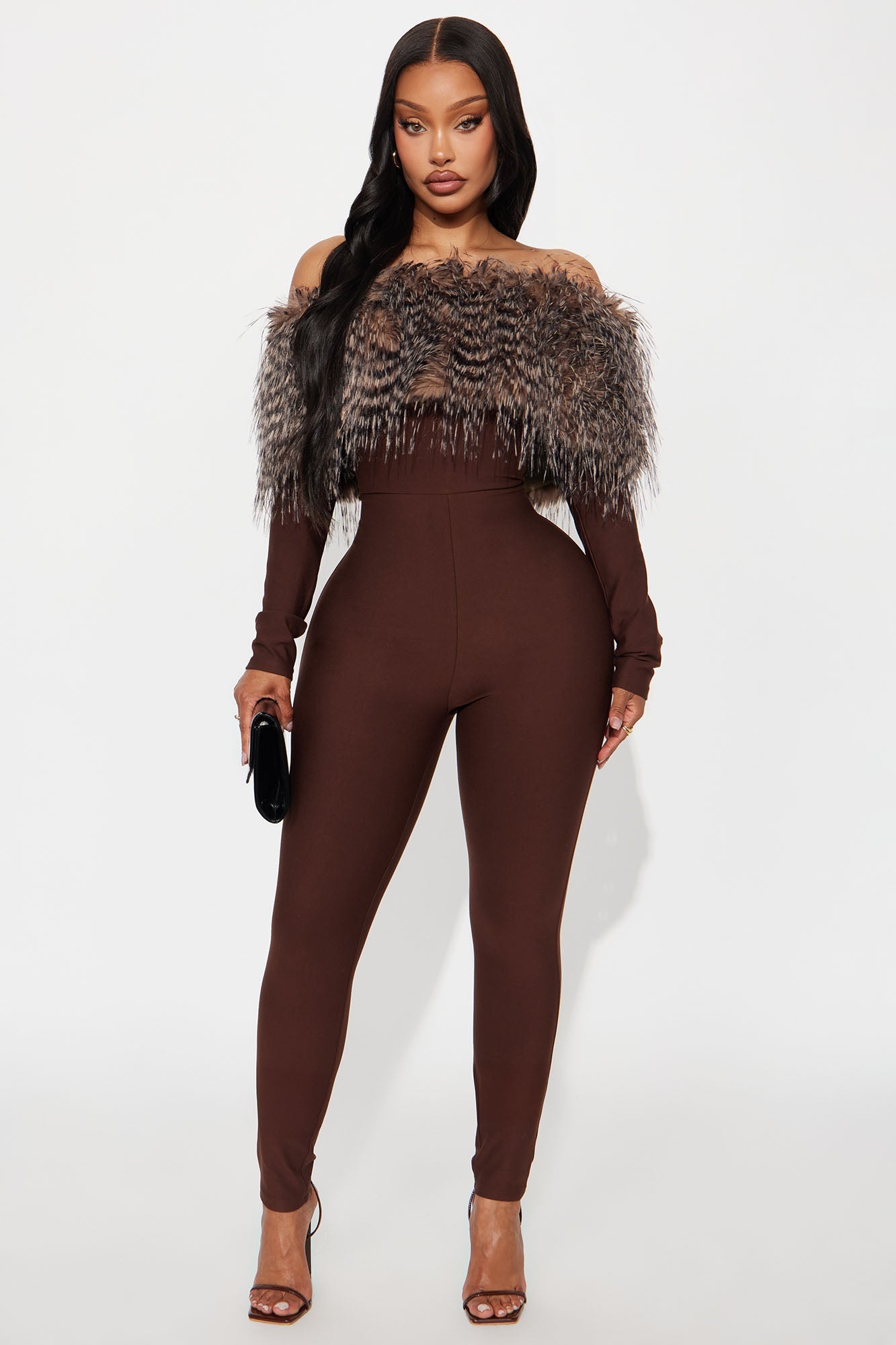 Play Nice Fur Trim Skinny Leg Jumpsuit - Chocolate