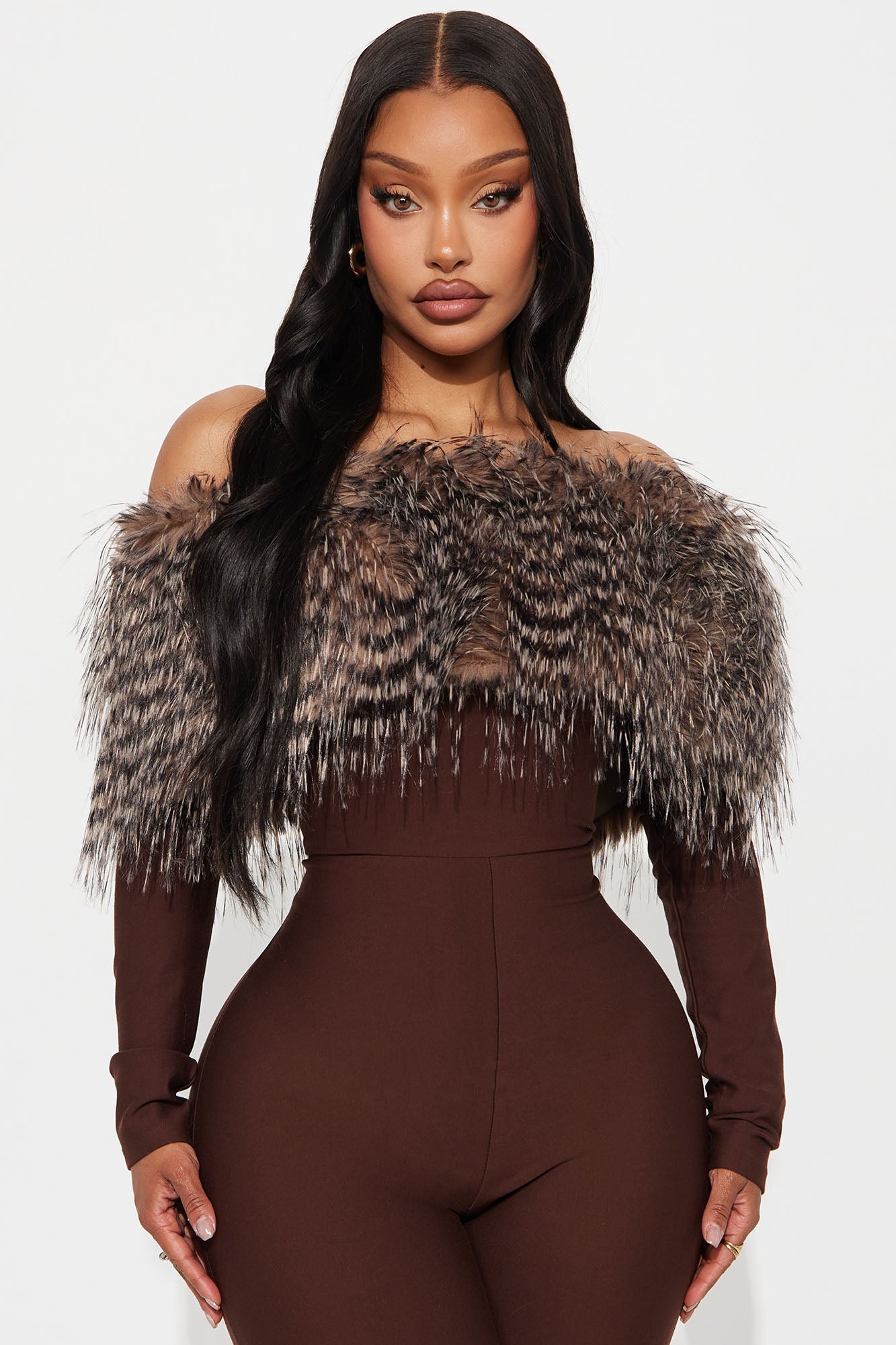 Play Nice Fur Trim Skinny Leg Jumpsuit - Chocolate