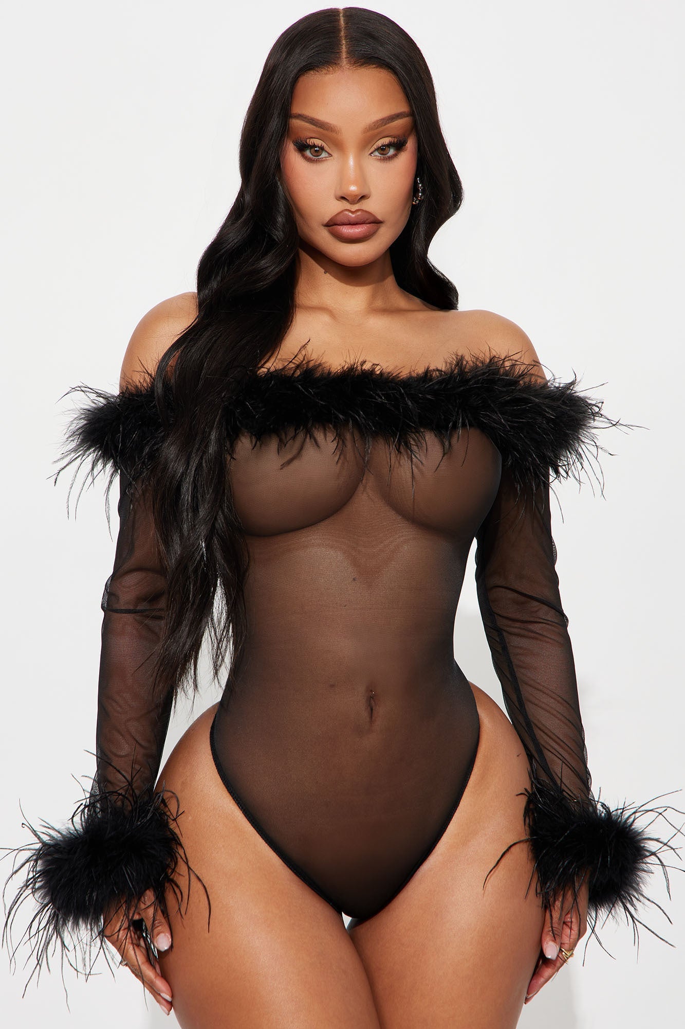 Lux Edition Feather Trim Off Shoulder Bodysuit - Black